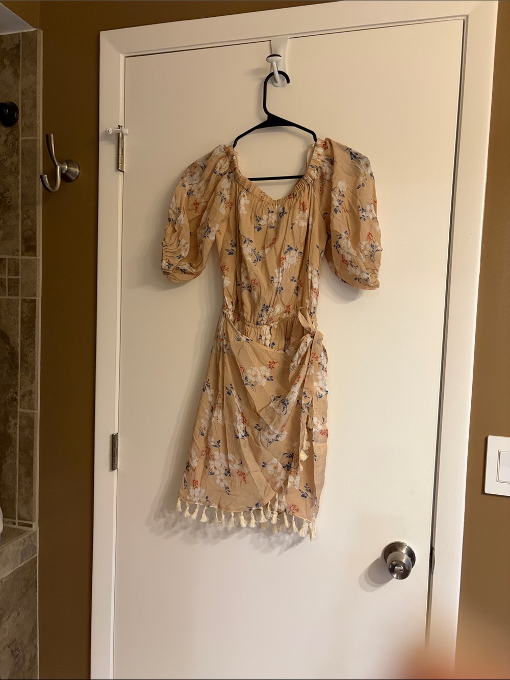 Boho Floral Wrap Mini Dress in Beige with Tassel Trim